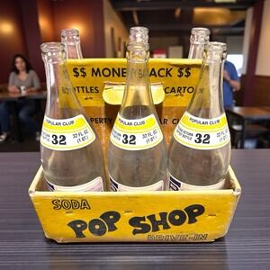 Vintage 32oz Popular Club Soda Shop 6 Bottles w/ Carrier Grape, Birch Beer, Cola